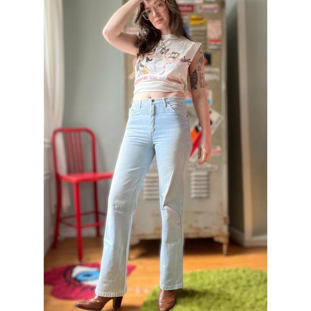 Vintage 70s Flare Jeans | Light Wash Slim Fit Denim Distressed Leather trim |28" - Picture 3 of 8